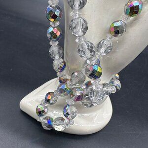 Vintage Glass Beaded Necklace Iridescent Clear Mid Century Retro Barrel Clasp